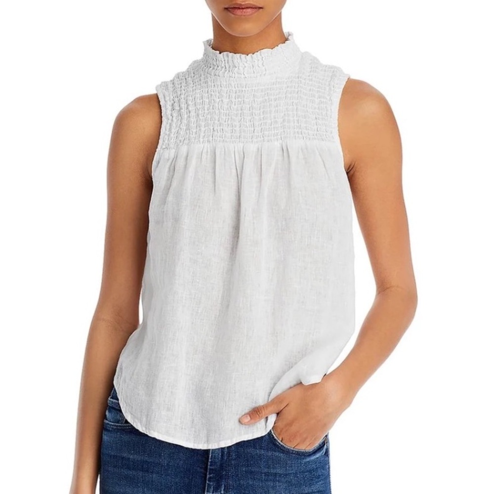 Bella Dahl linen high neck blouse sleeveless medium smocked
